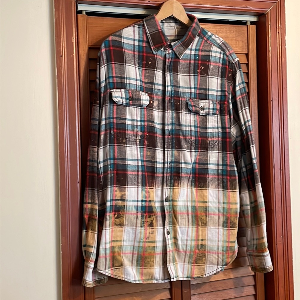 GUC up-cycled flannel shirt. Bleach effects. Dipped hem Size large (42-44)